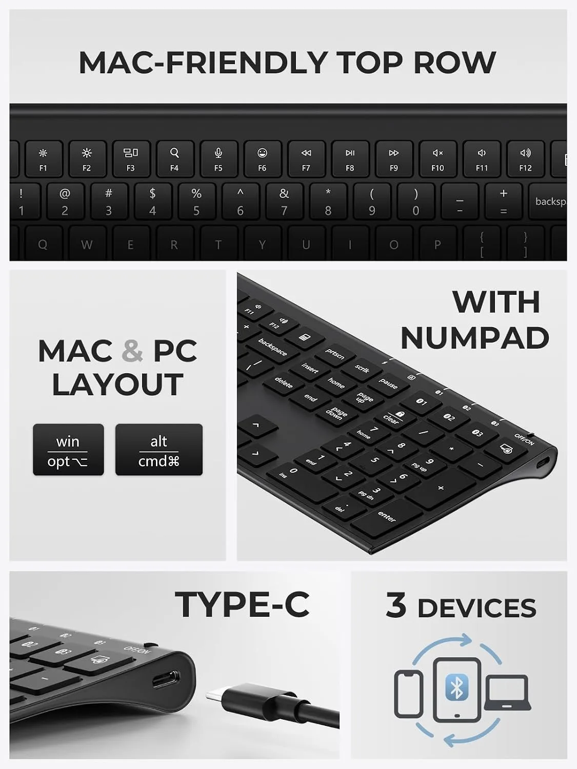 iClever BK10 Max Bluetooth Keyboard for Mac, Slim Full-Size Layout, Black