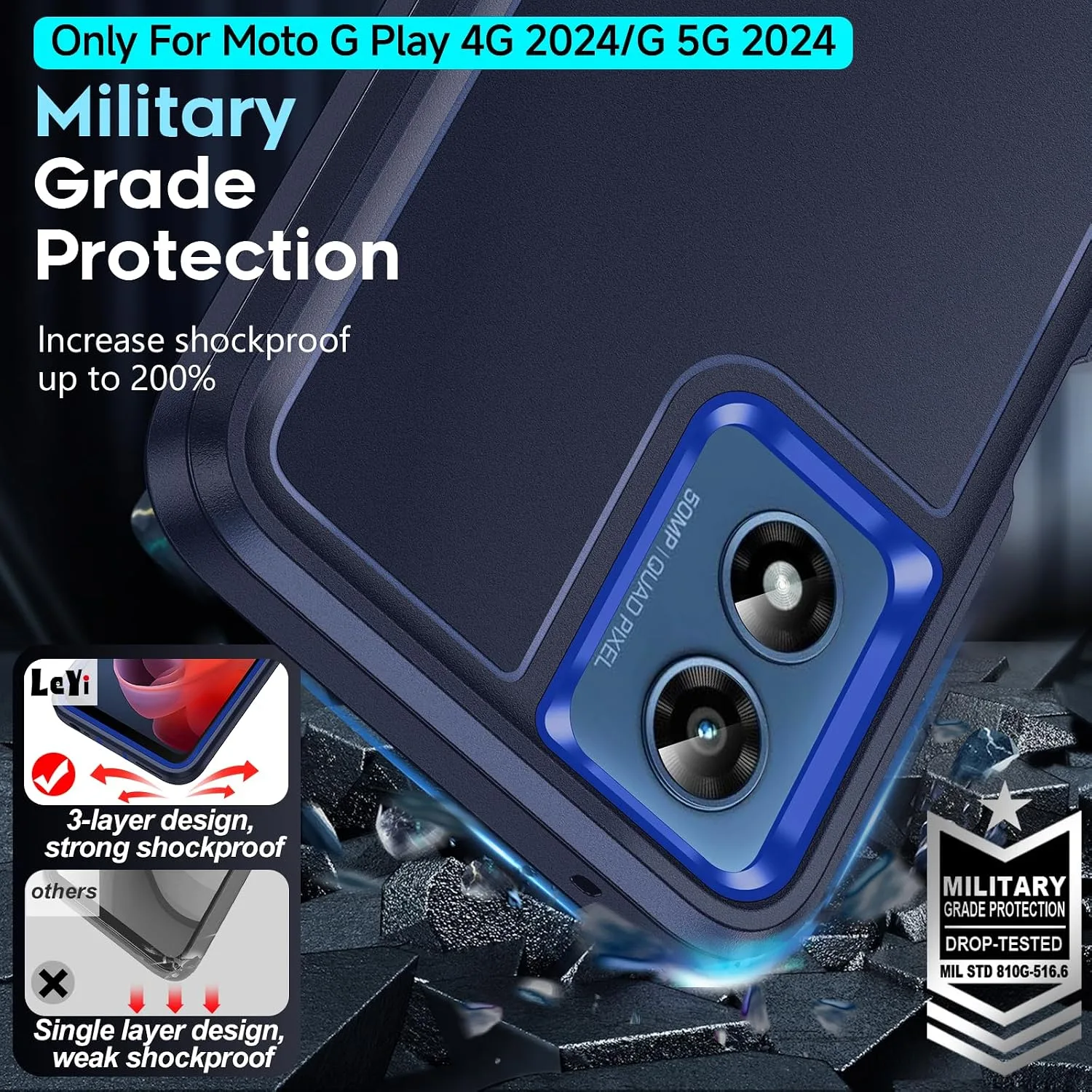 LeYi for Moto-G-5G-2024 Phone Case: 𝗡𝗼𝘁 𝗣𝗹𝗮𝘆, Rugged 3 in 1, Blue