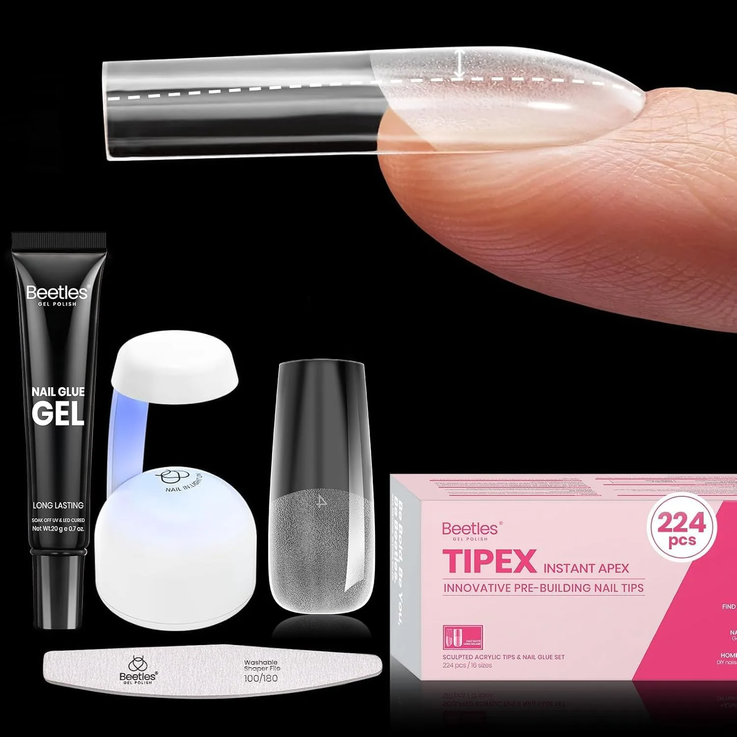 Kit de Tips para Uñas Beetles Tipex Instant Apex, Cuadrado Largo, 224 piezas 16 tamaños