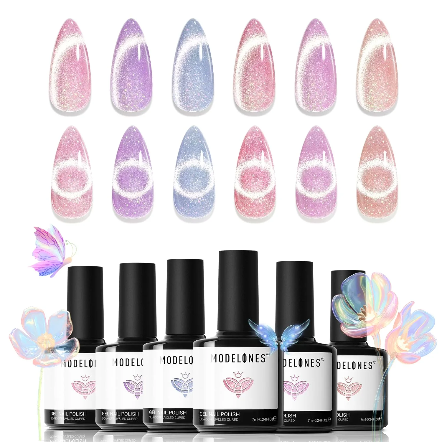Esmalte de uñas en gel Modelones Cat Eye 6 colores pastel con glitter