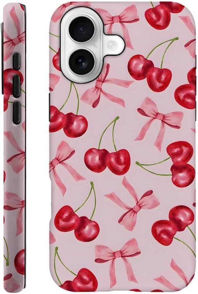Case Compatible with iPhone 17,Fall Prevention Hybrid 2-Layer Hard Shell Phone Cover for Girls Boys,Pink Bow Cherry Ribbon Fruit