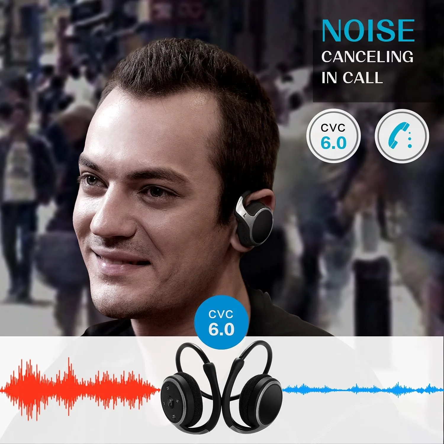 Small Bluetooth Headphones Wrap Around Head - Sports Wireless Headset with Built in Microphone and Crystal-Clear Sound, Foldable and Carried in The Purse, and 12-Hour Battery Life, Black