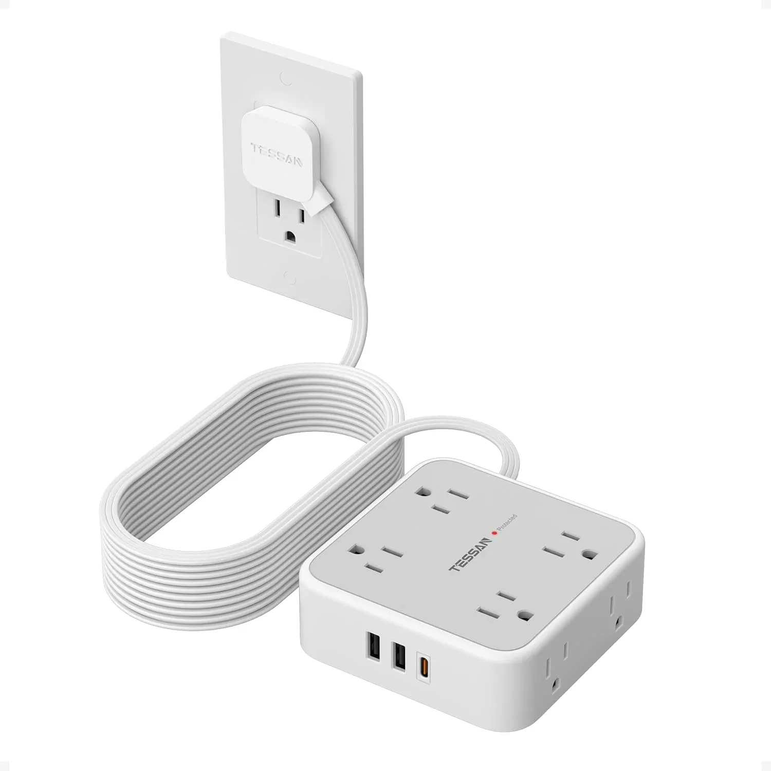 Regleta de protección TESSAN con 8 tomas AC, 3 puertos USB y cable de 20 pies, gris
