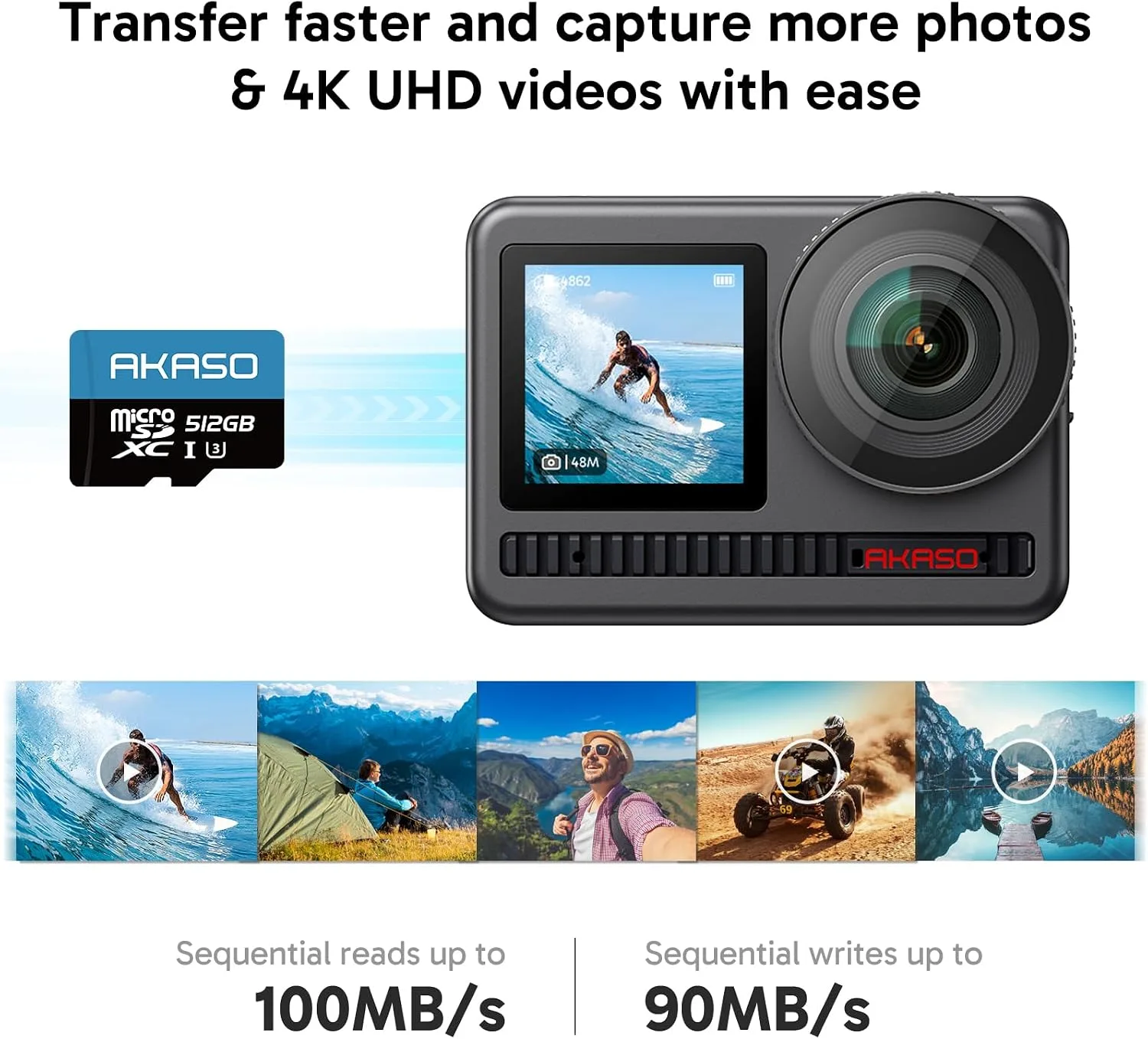 AKASO 512GB microSDXC U3 Memory Card - Up to 100MB/s, UHS-I C10, U3, Full HD, 4K UHD, MicroSD Card