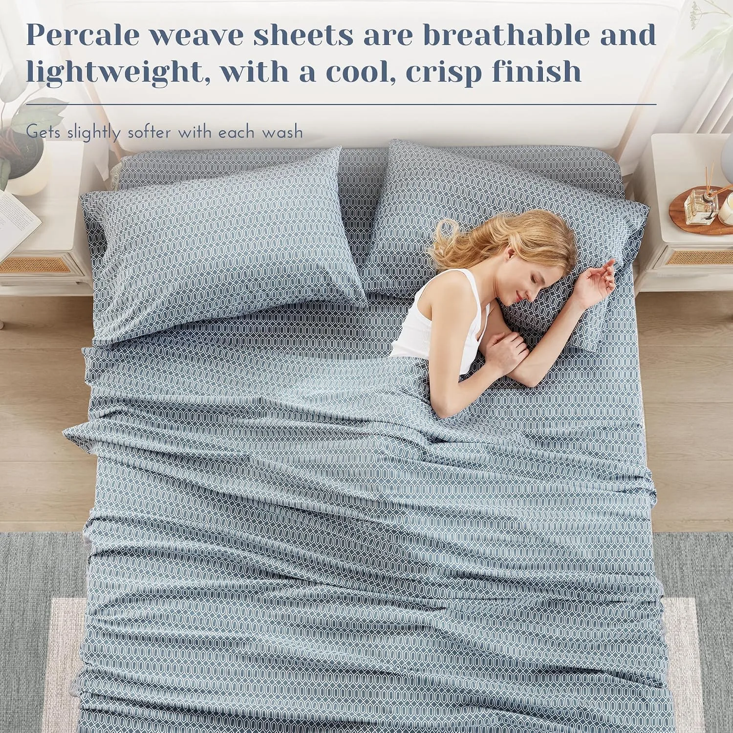 Comfort Spaces 100% Cotton Percale Sheets Queen Size 4 Piece, Diamond Blue