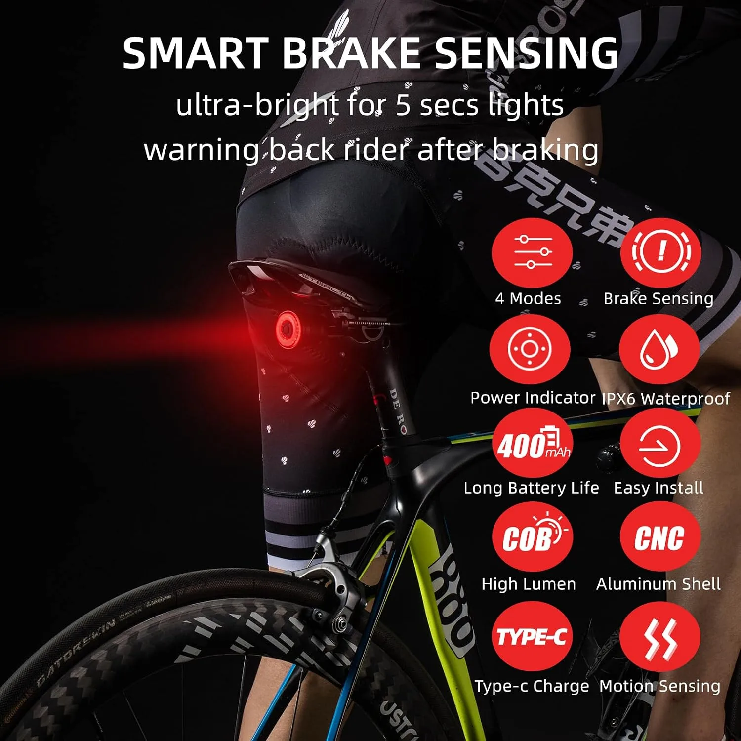 ROCKBROS Smart Bike Light with Brake Sensor, Rechargeable Rear Tail Light