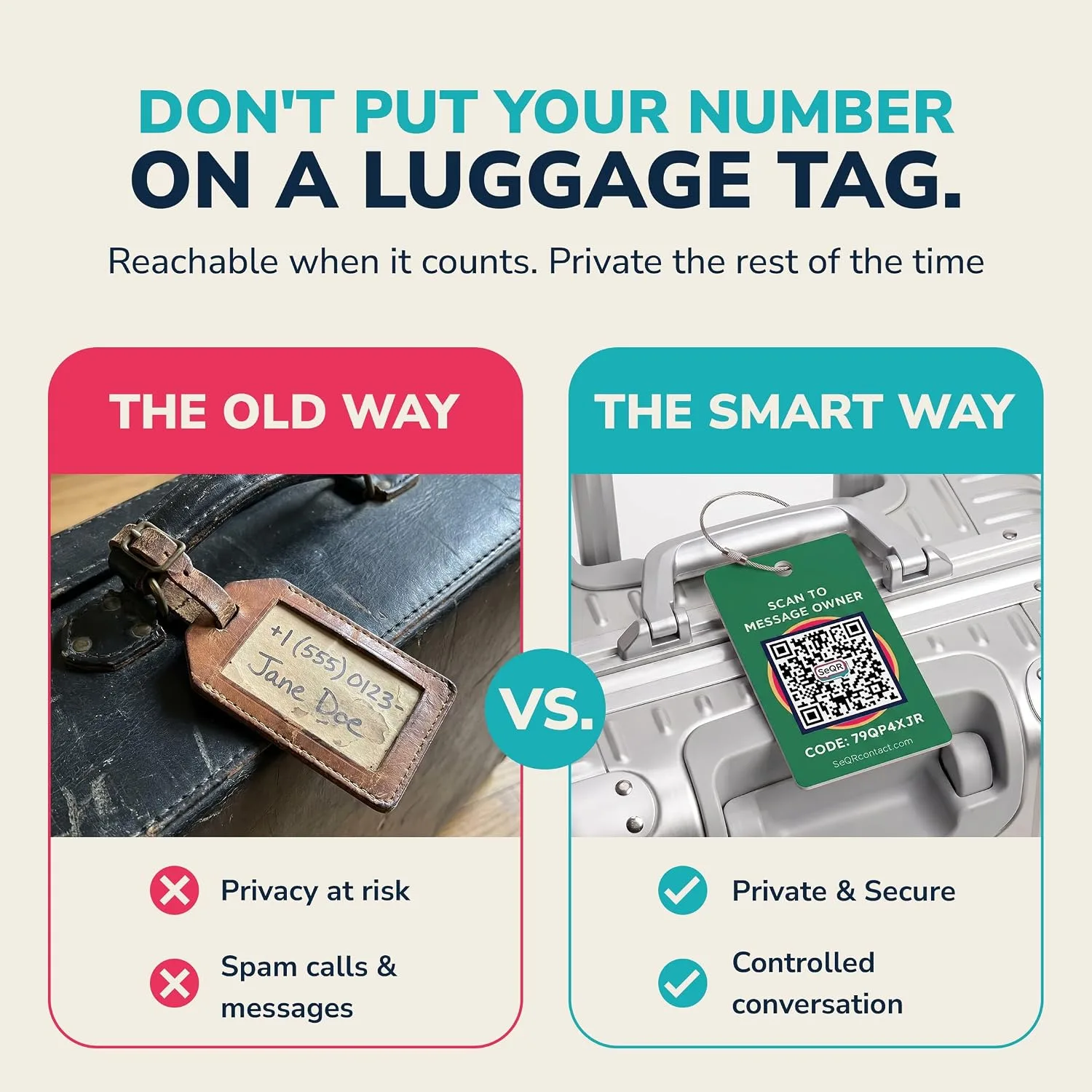 Smart Luggage Tag - Privacy QR Code Tags for Travel Suitcases, 2 Pack Green