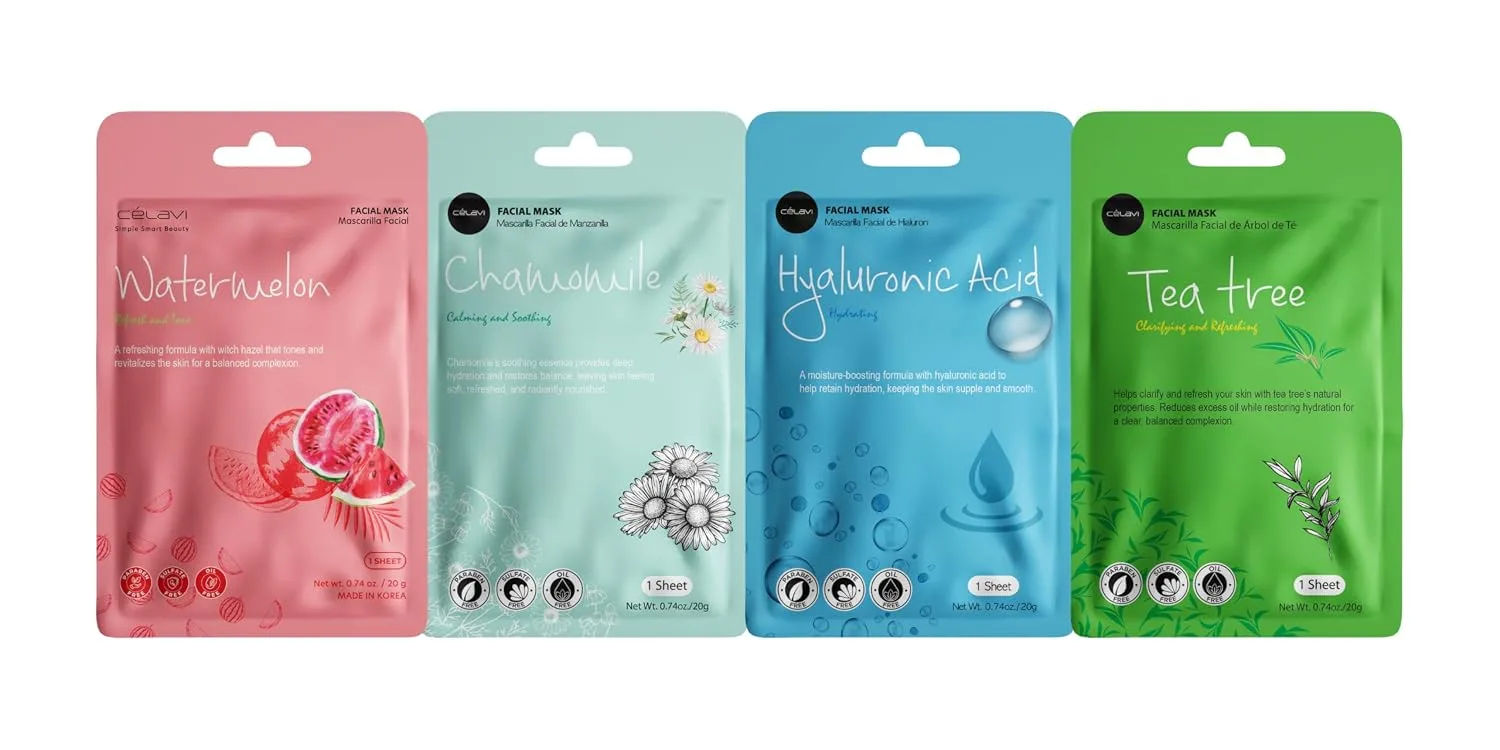 Celavi Korean Face Mask Sheet Set, Spa Masks, 12 Pack Cica