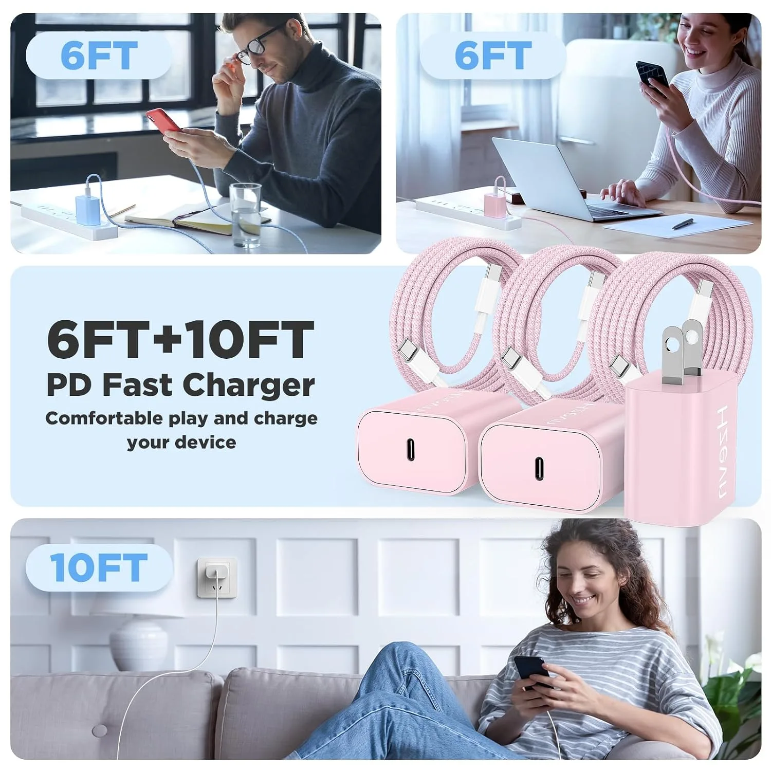 20W USB C Fast Charging for iPhone 17 Air/16/15 Pro Max,3Pack Colorful Mixed Charger Block with Braided Long USB C to C Cables (6/6/10ft) Compatible with iPhone16/15 Pro/15 Plus/iPad Pro