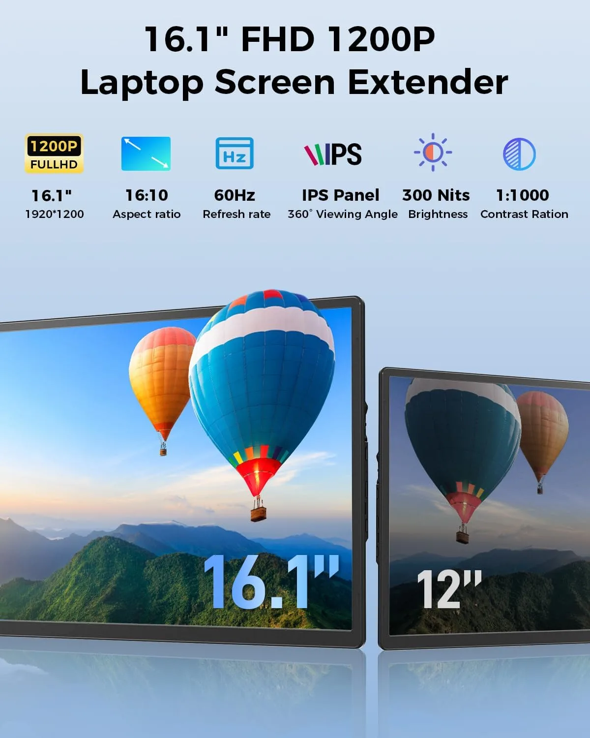 Cevaton Laptop Screen Extender, 16.1" FHD 1200P Portable Monitor
