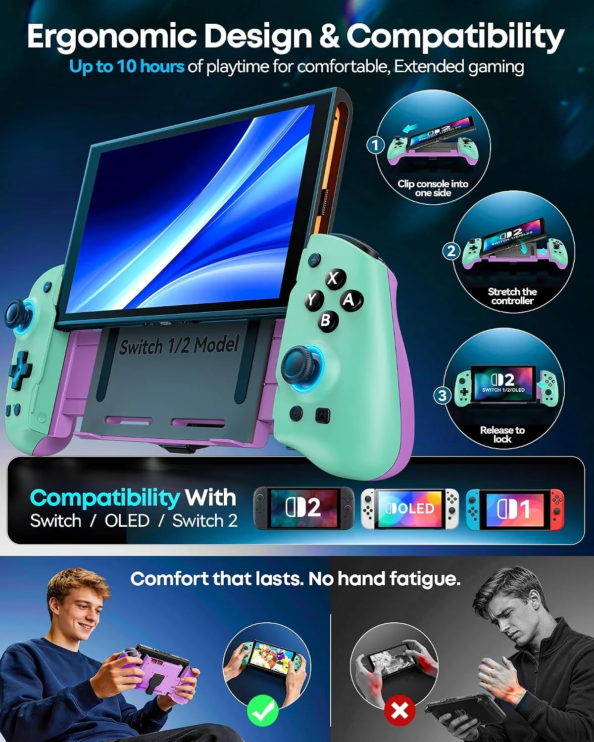 OIVO Switch 1/2 Controller for Original/OLED/Switch 2 Console, Stretchable Switch Handheld Joypad Ergonomic Grip for NS Pro Controller with RGB Light, TMR Joystick, Turbo, 4 Macro, Green & Purple