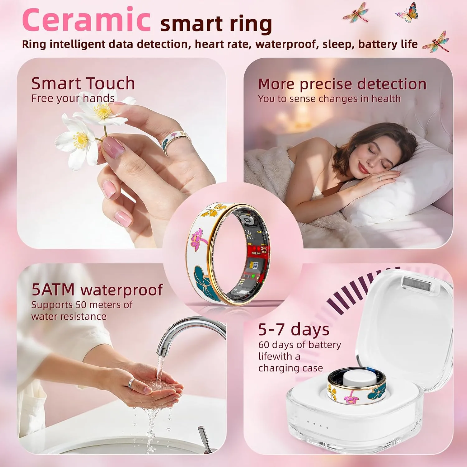 Smart Ring Health Tracker, Men & Women, Featuring a Heart Rate Monitor, Sleep Tracker, 8 Exercise Modes, Step Counter, IP68 Waterproof(White, 10)