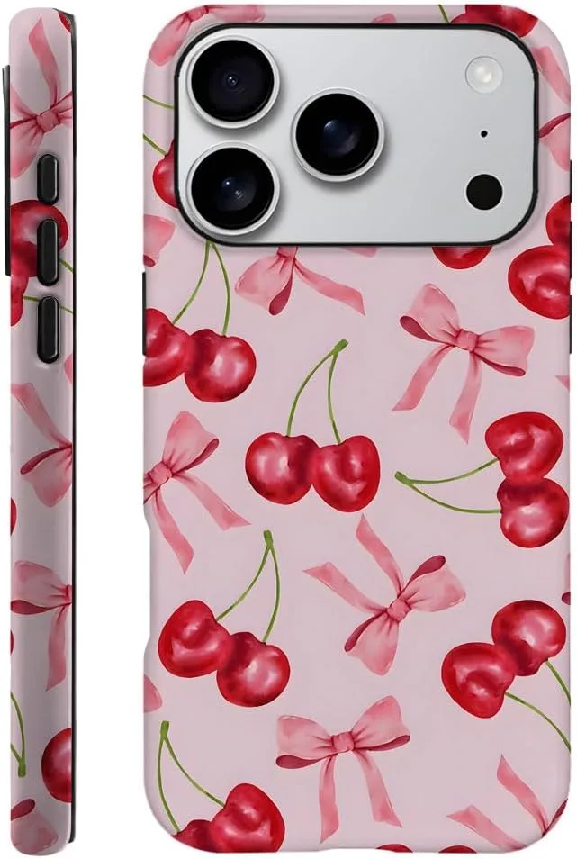 Case Compatible with iPhone 18 Pro/iPhone 17 Pro,Fall Prevention Hybrid 2-Layer Hard Shell Phone Cover for Girls Boys,Pink Bow Cherry Ribbon Fruit