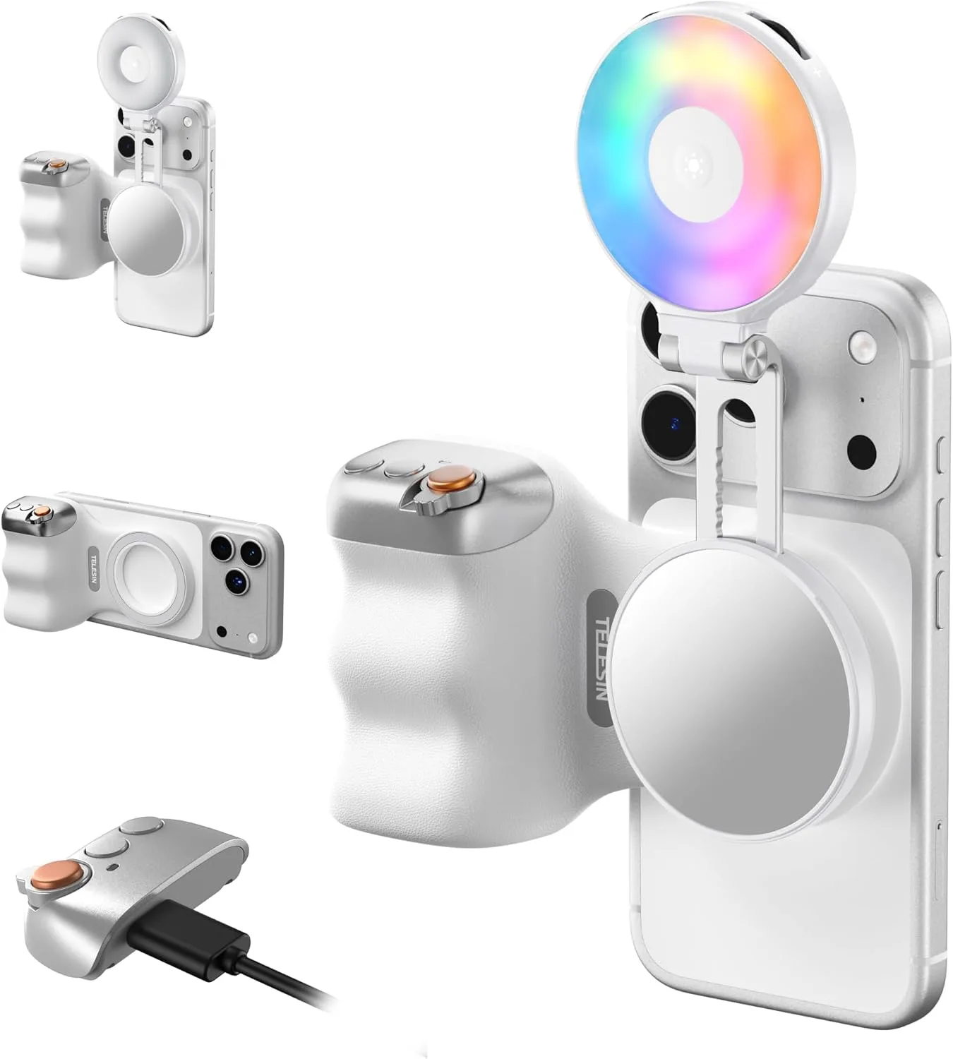 TELESIN Fun Shot Magnetic Phone Camera Grip + 4 in 1 Magnetic RGB Selfie Light(White) Bundle Kit Compatible with iPhone Magsafe & Android, Creator Kit for Selfies/Photography/TikTok/Zoom Calls/Video