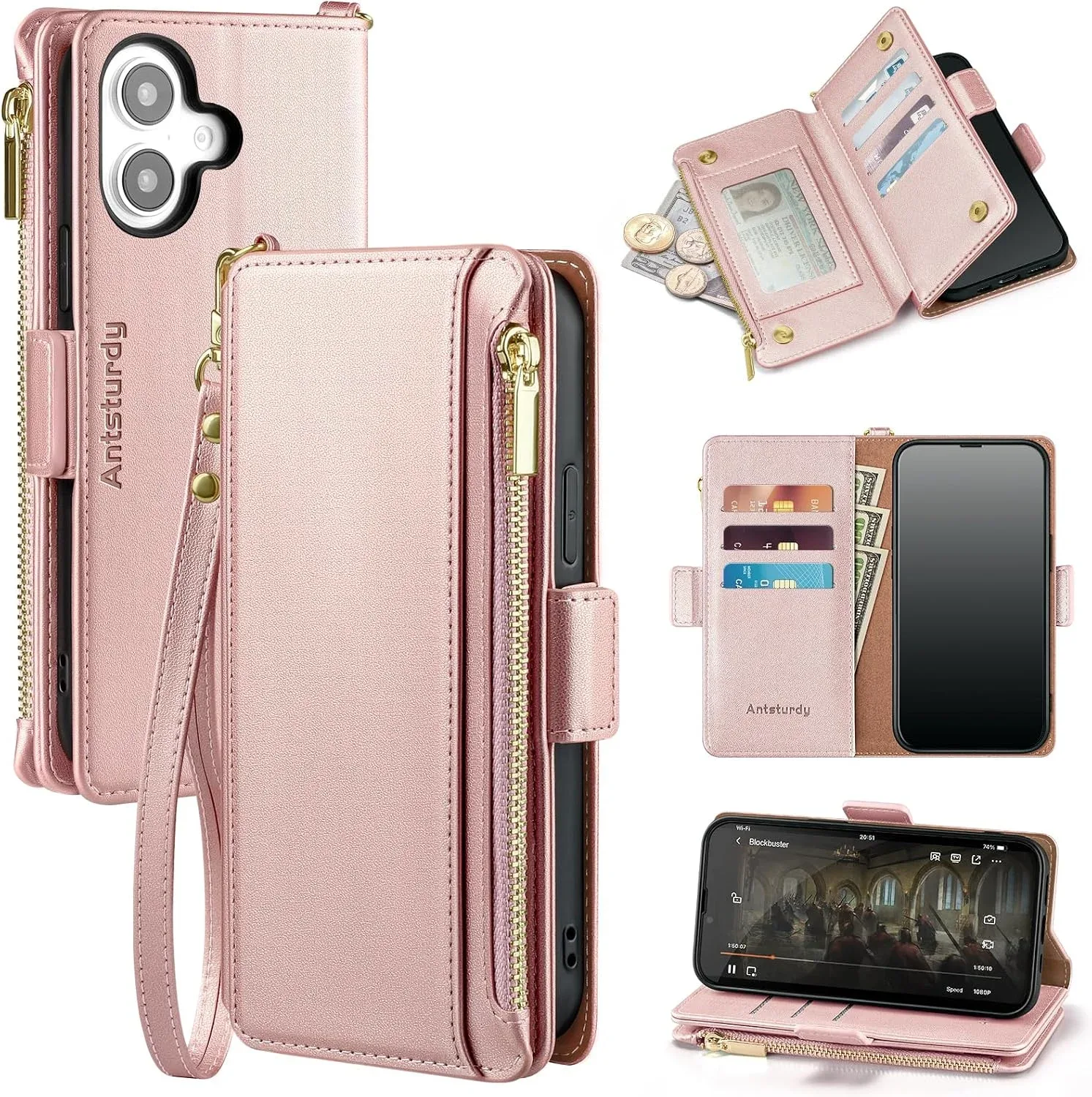 Funda cartera para iPhone 16 Antsturdy oro rosa