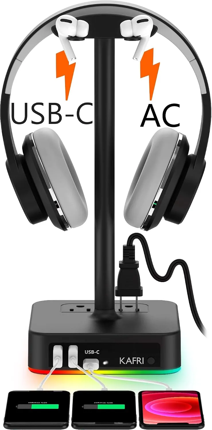 Soporte para audífonos Kafri RGB con cargador USB A y C y regleta de 2 tomacorrientes