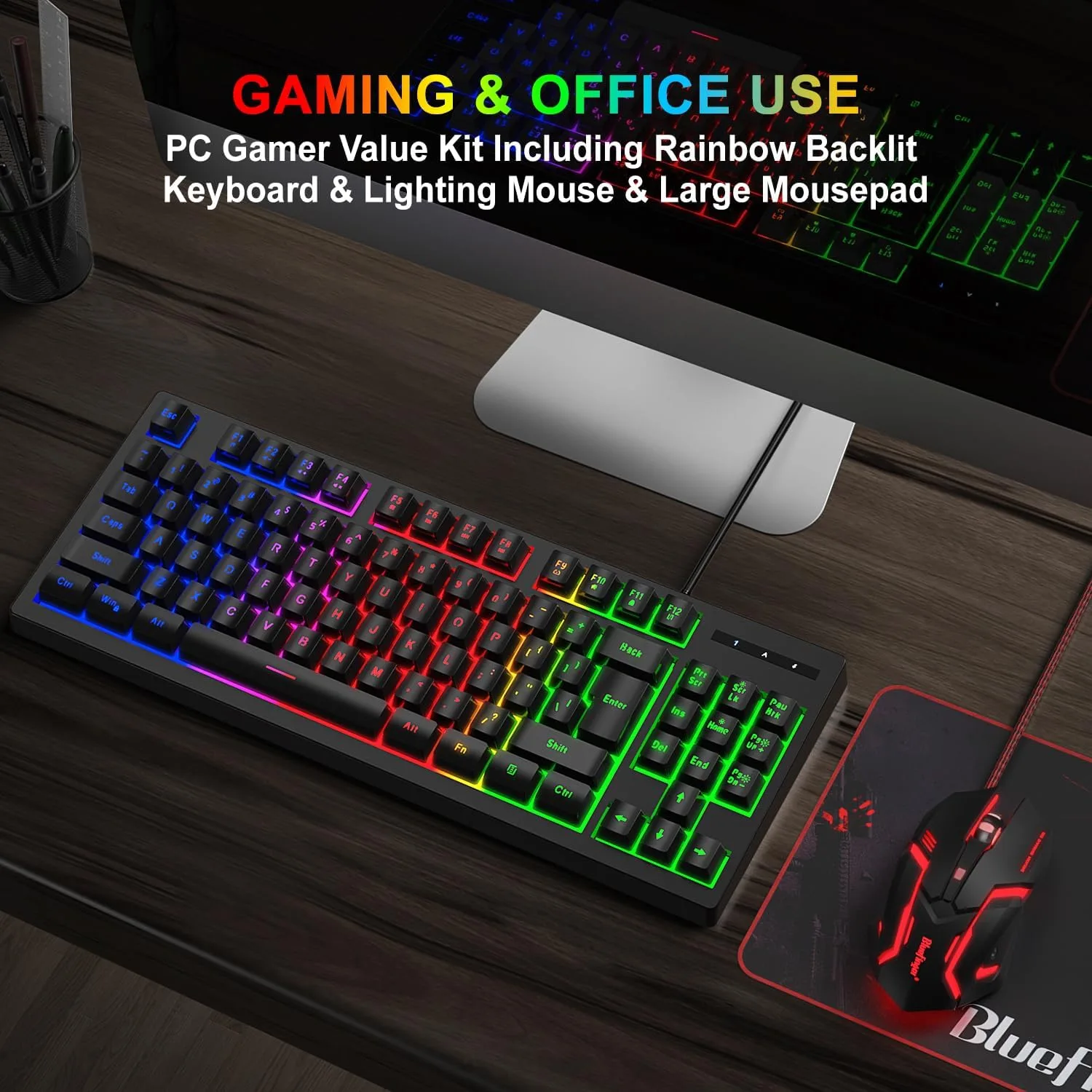 RGB 87 Keys Gaming Keyboard and Backlit Mouse Combo,BlueFinger USB Wired Rainbow Keyboard,Gaming Keyboard Set for Laptop PC Computer Game and Work