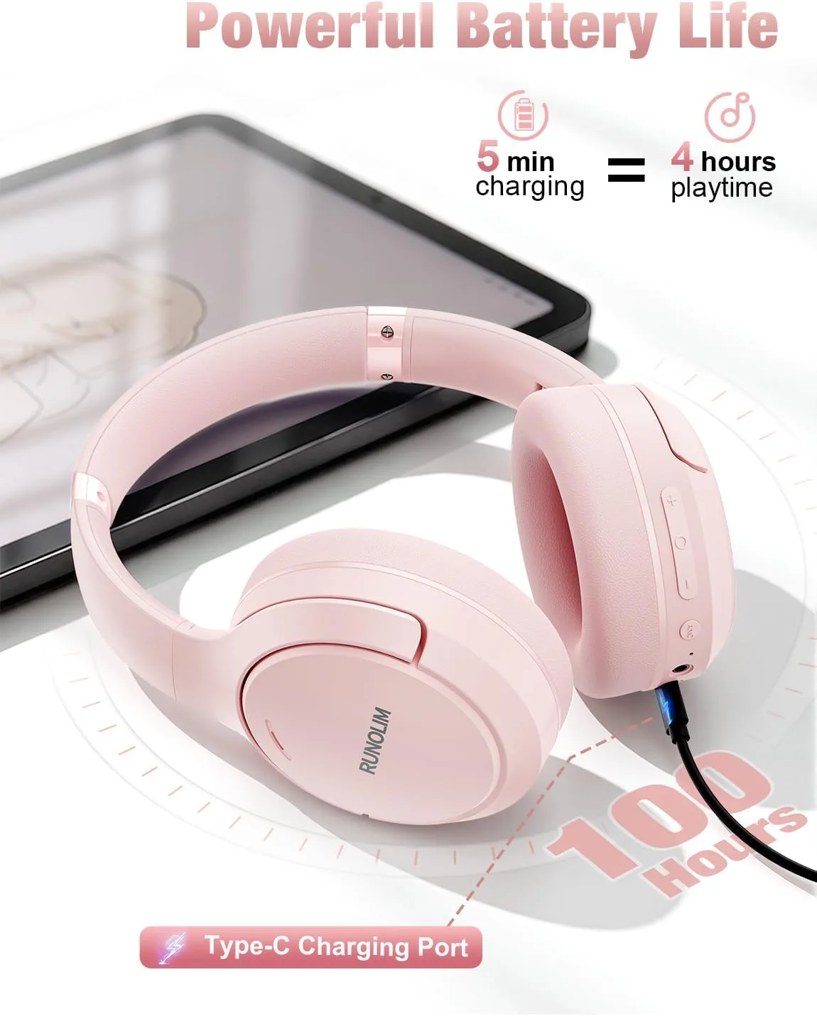RUNOLIM Active Noise Cancelling Headphones, Wireless Bluetooth Over Ear