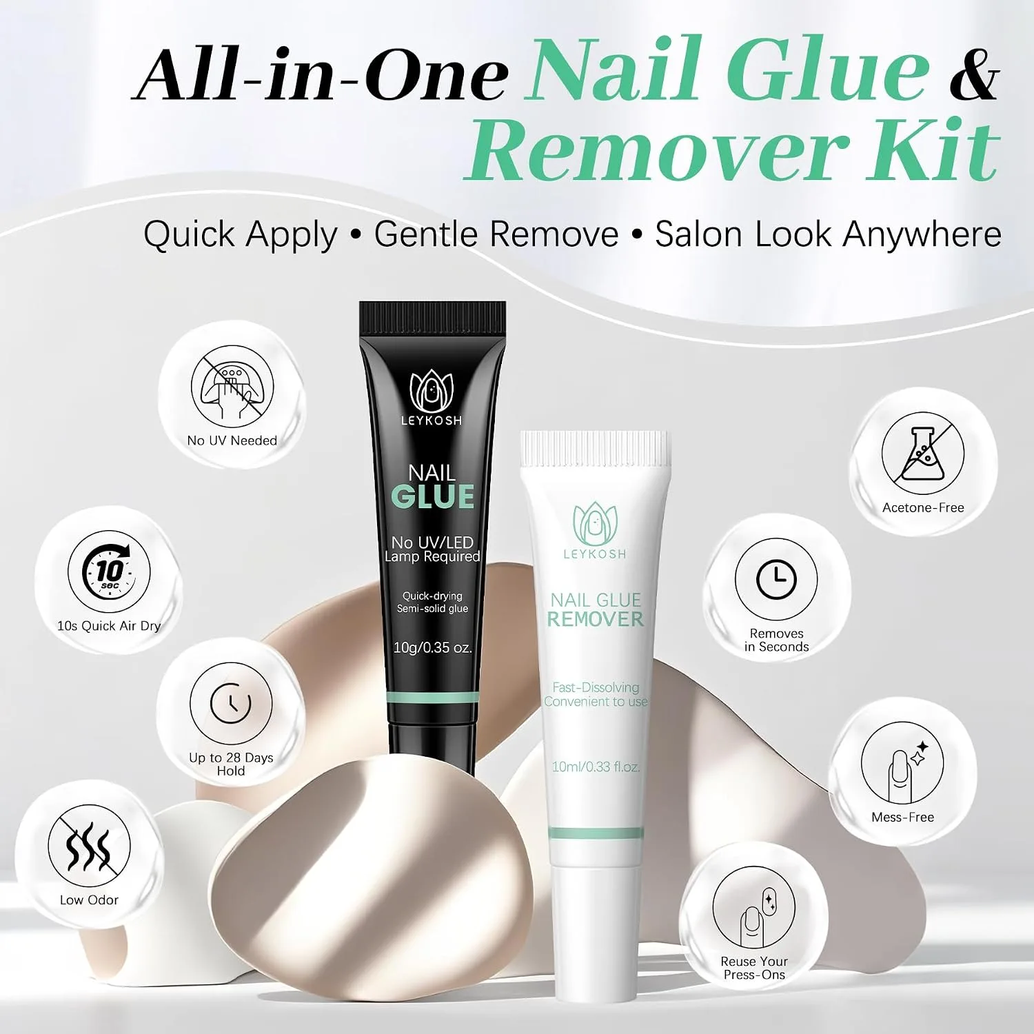 LEYKOSH Nail Glue and Remover Set, 10g Glue + 10ml Remover, No Lamp