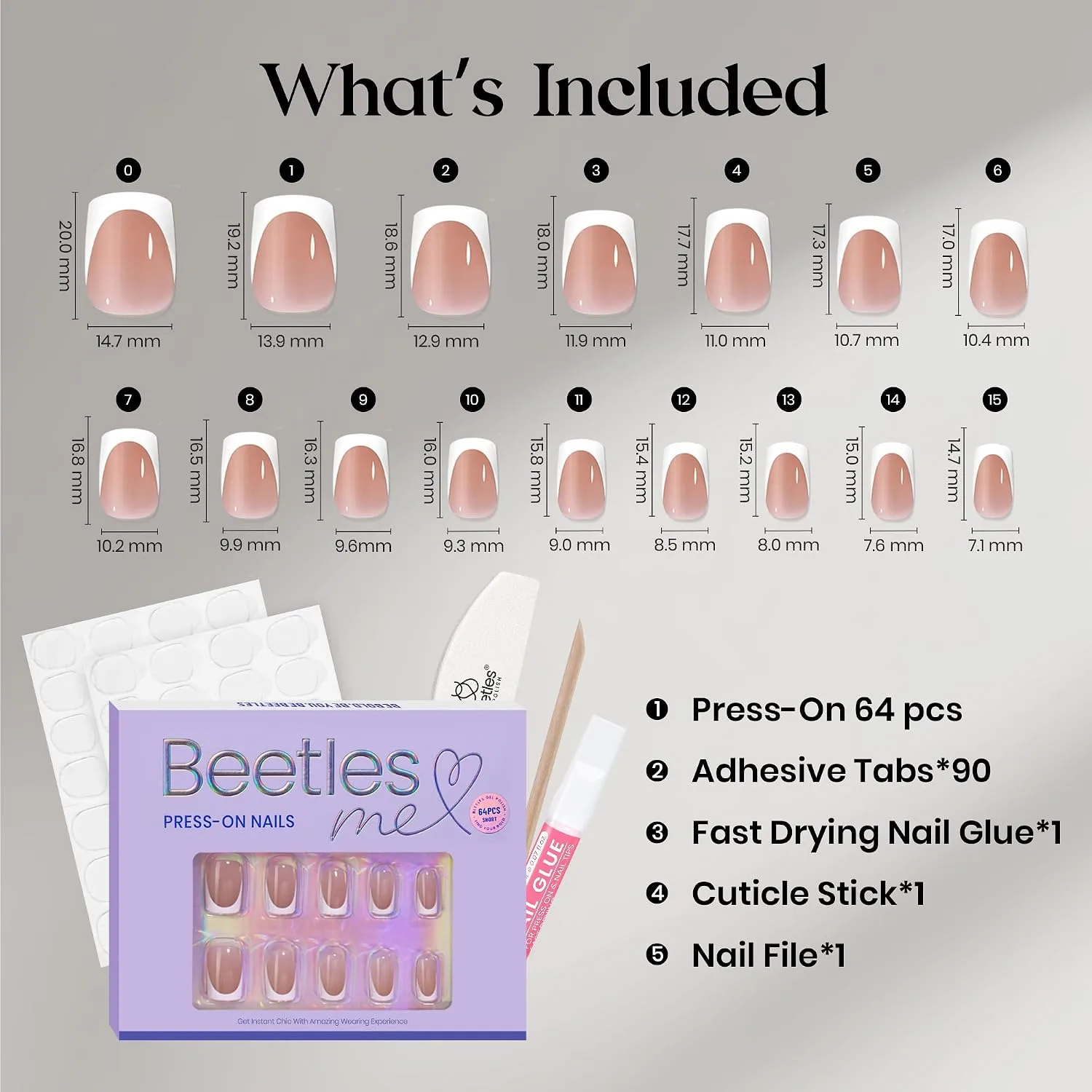 Beetles Brown French Tip Press on Nails - Short Square, 64 PCS 16 Sizes