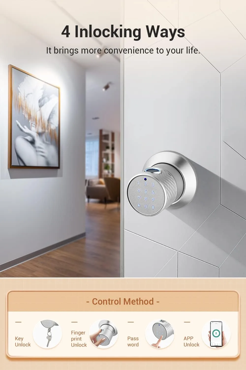 Buoan Big Fingerprint Smart Door Knob, Keyless Entry Door Lock with Keypad