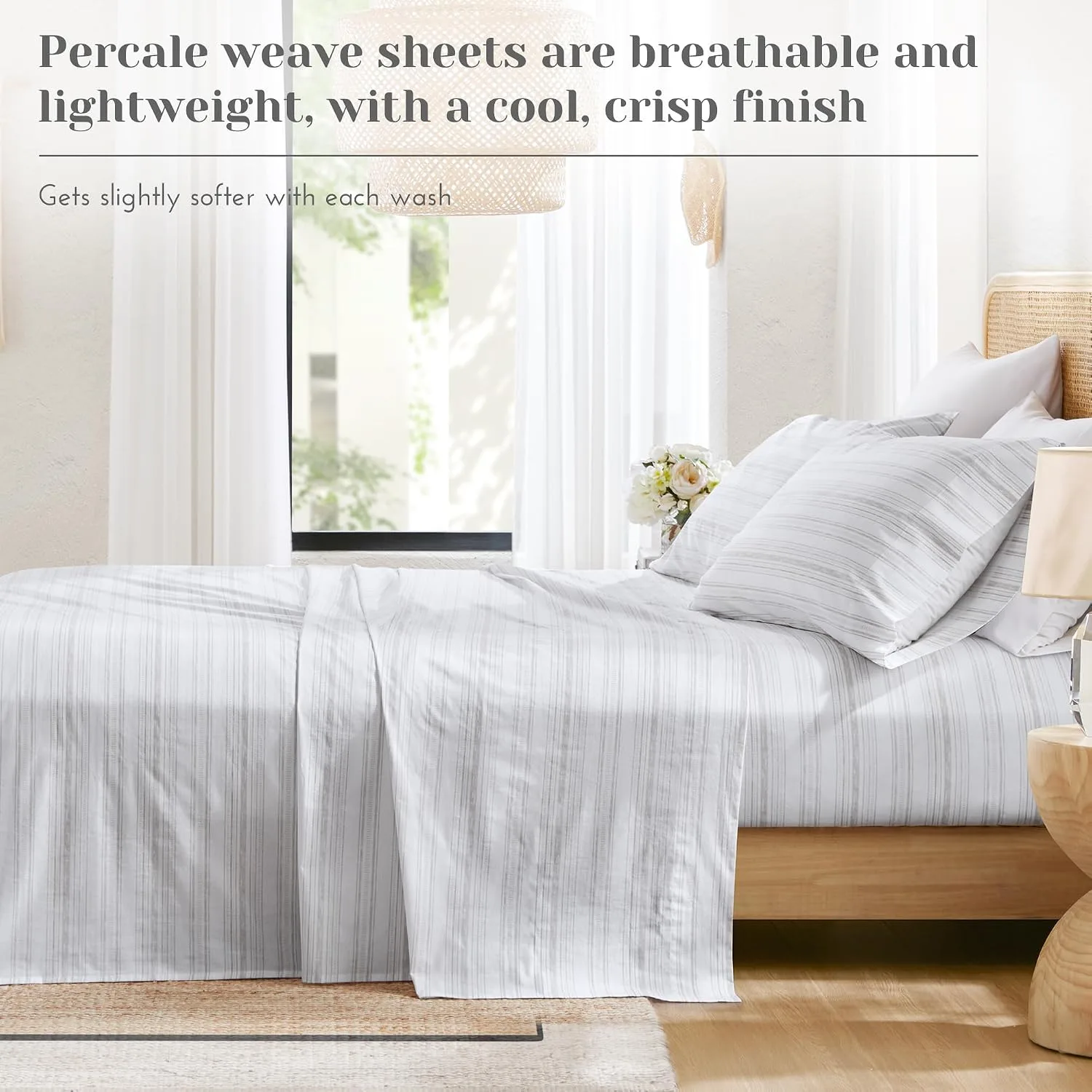 Comfort Spaces 100% Cotton Percale Sheets Queen Size 4 Pcs, Good Vibes Grey