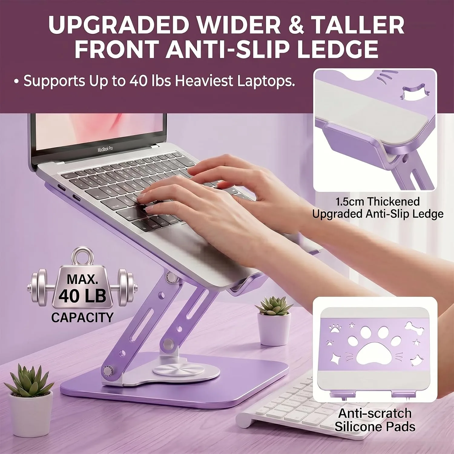 Adjustable Cat Paw Laptop Stand for Desk, 360° Rotating Foldable Carbon Steel Laptop Holder, Ergonomic Cooling Laptop Riser Fits 17.3 Inch MacBook Pro/Air Dell HP Lenovo (Purple)