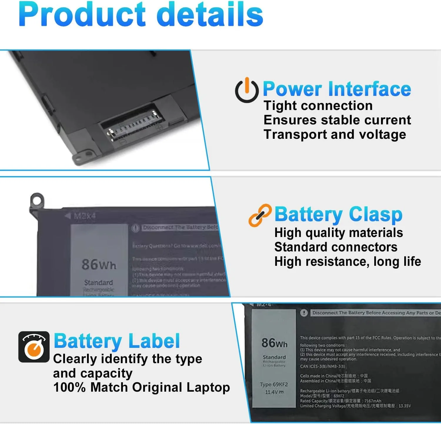 86Wh 69KF2 Laptop Battery for Dell XPS 15 9500 9510 9520 Series