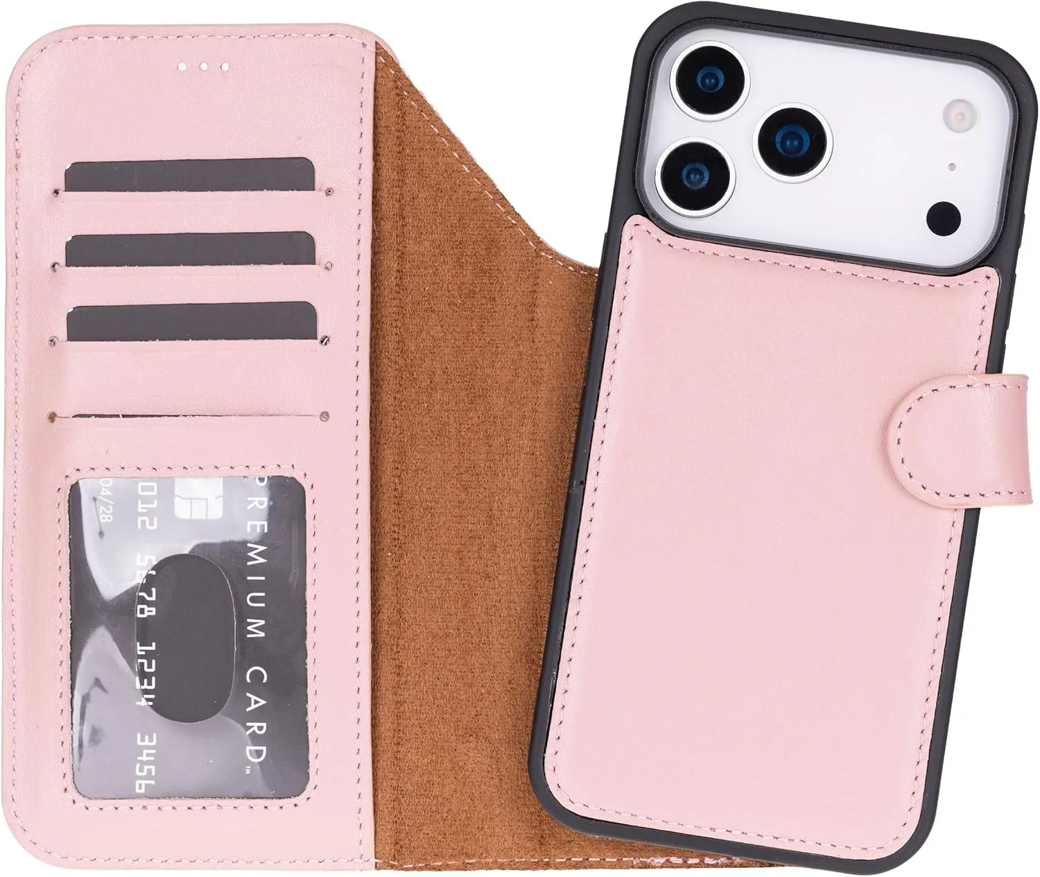 VENOULT Wallet Case for iPhone, Full Grain Genuine Turkish Leather, Magnetic Detachable, RFID 4 Card Slots, Business Style, Compatible with MagSafe (Sweet Pink, iPhone 17 Pro)
