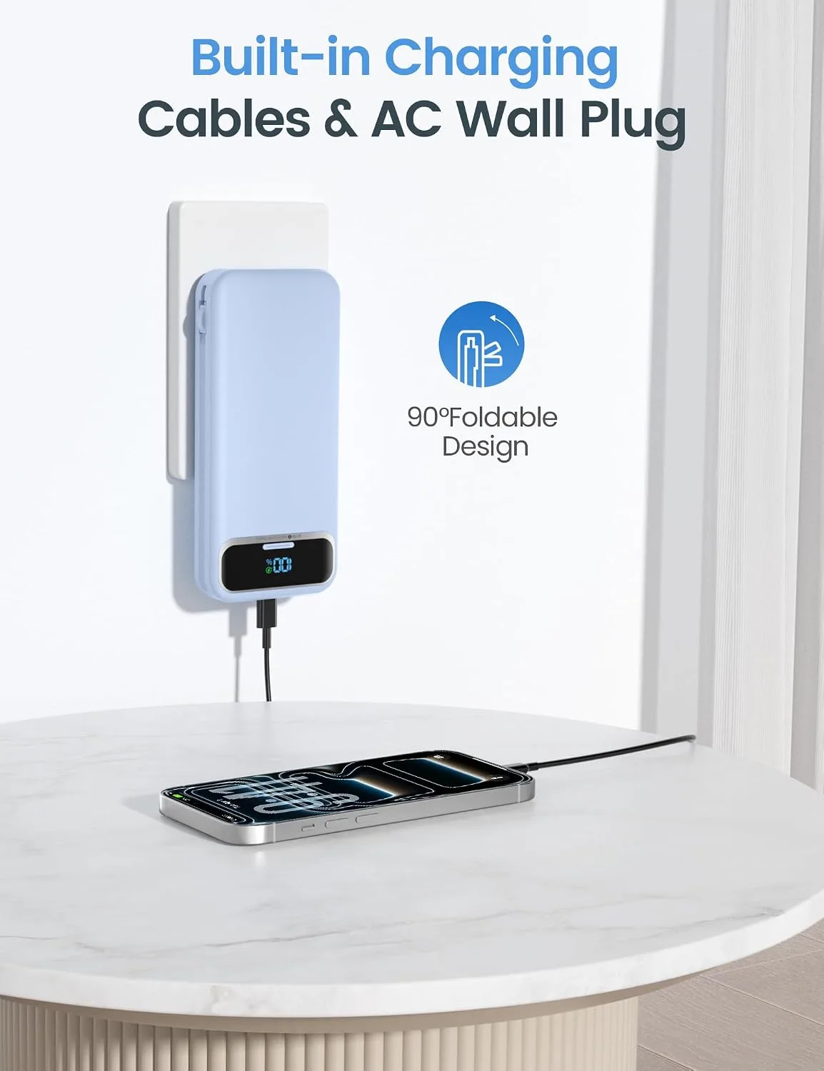 aonidi Portable Charger 12000mAh with Built-in Cables&AC Wall Plug, Blue