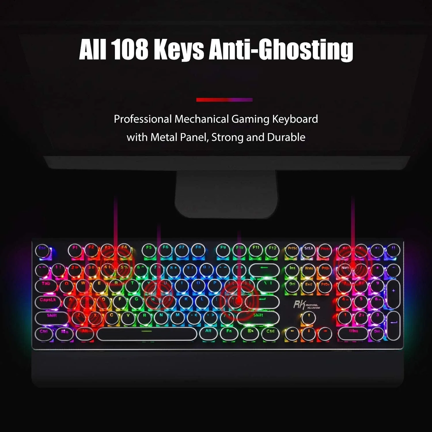 RK ROYAL KLUDGE S108 Typewriter Style Mechanical Gaming Keyboard with RGB Backlit, Wired PC Game Keyboard Full Size with Detachable Wrist Rest and Number Pad, Retro Round Keycaps, Red Switches Black