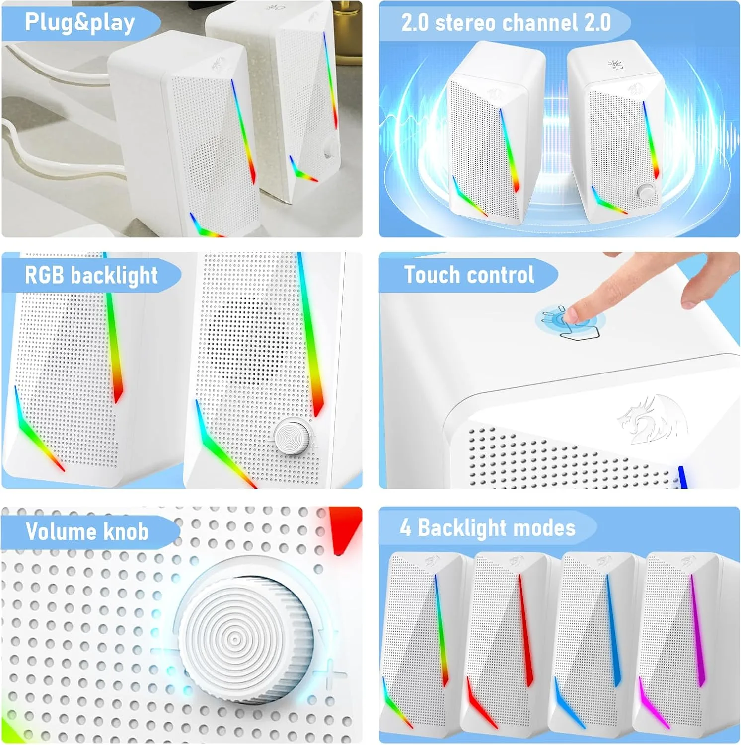 Redragon GS510 RGB Wired Desktop Speakers, 2.0 Channel Stereo Sound, White