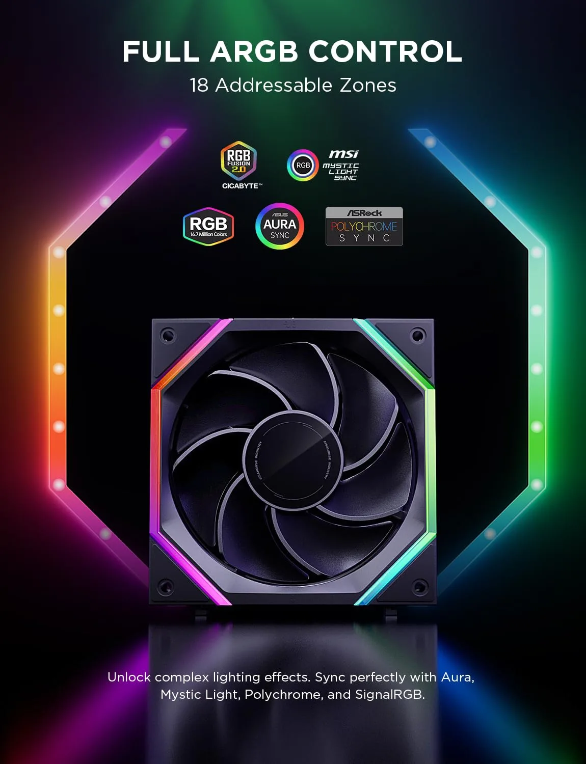 AsiaHorse Nyota Pro 120mm PC Fans ARGB PWM, Modular Daisy-Chain Design, Dual-Zone Asynchronous Lighting, 18 Addressable LEDs, 2000RPM High Airflow 61.5CFM, Low Noise 29dB, for PC Case & Liquid Cooler