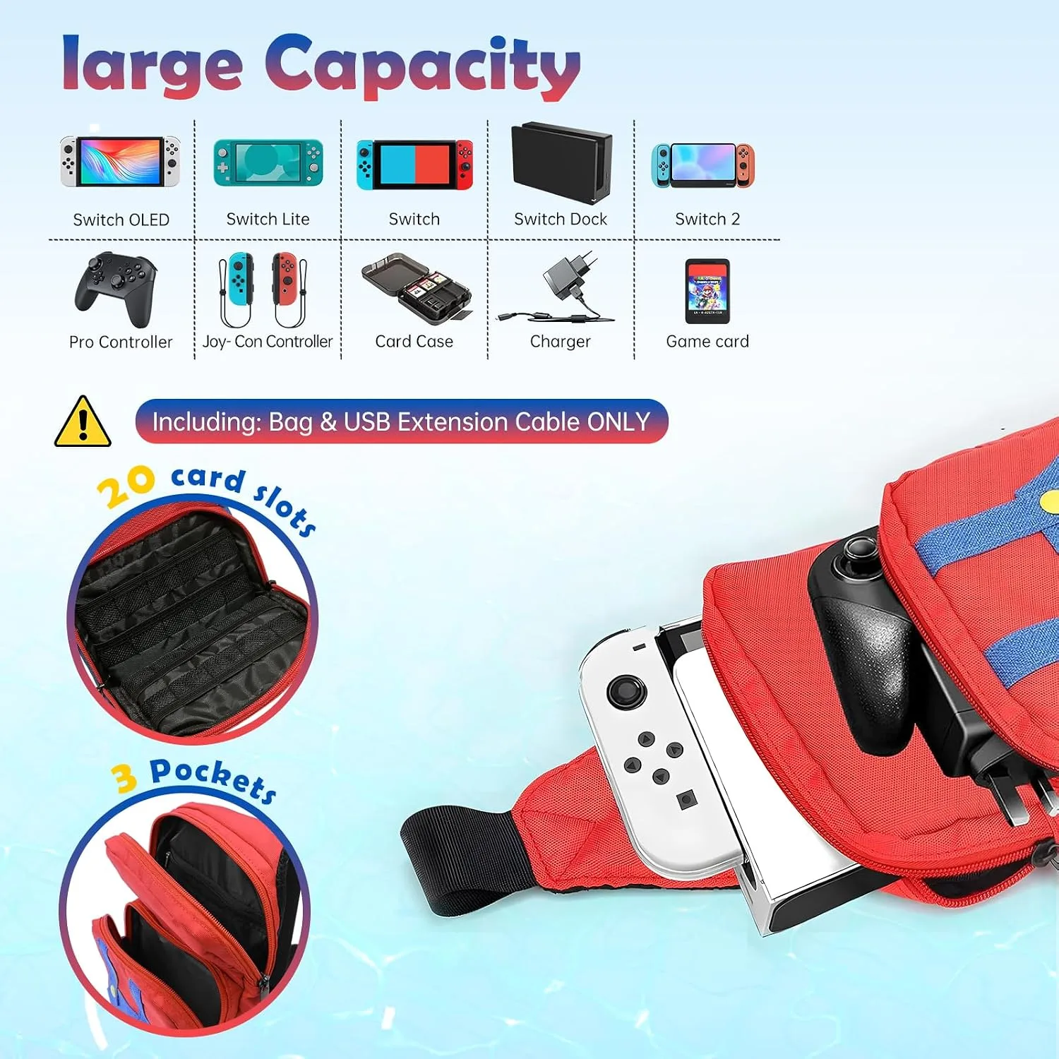 Vadaxx Cute Travel Bag for Nintendo Switch/2/Lite/OLED, Small Sling Portable Waterproof Backpack Carrying Crossbody Shoulder Chest Gaming Bag Case for NS SD Console Dock Joy-Cons Accessories Storage