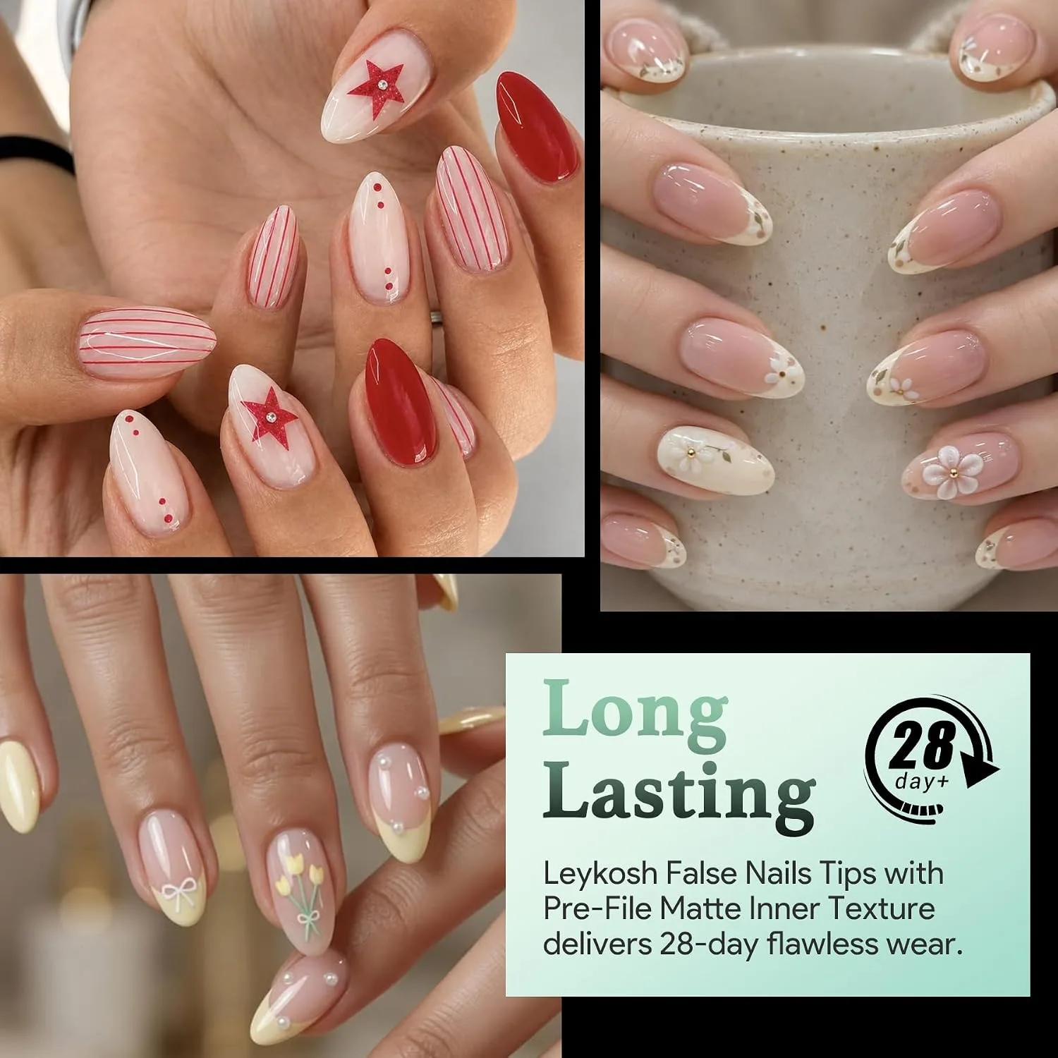 Leykosh Short Almond Half Cover Nail Tips, 15 Sizes 330 PCS Clear