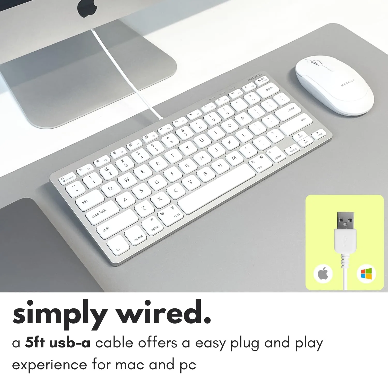 Macally Small Wired Keyboard for Mac and Windows - 78 Scissor Switch Keys Compatible Apple Keyboard - USB Mini Keyboard that Saves Space and Looks Great - Plug and Play Wired Mac Keyboard - Aluminum