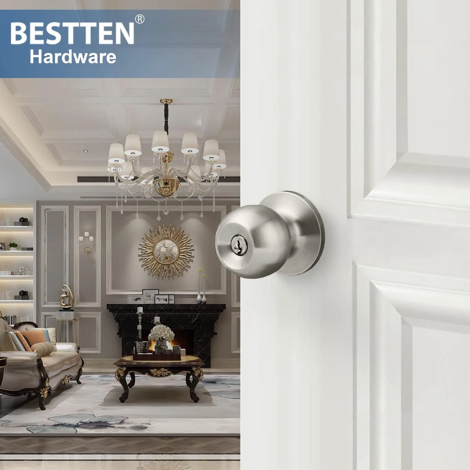BESTTEN Keyed Entry Door Knob with Lock, Heavy Duty Interior and Exterior Door Lock, Standard Ball, Satin Nickel