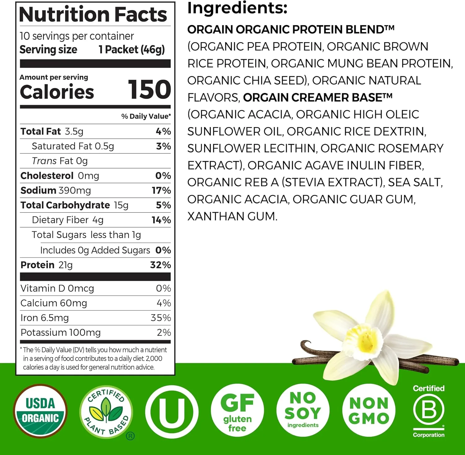Orgain Organic Vegan 21g Protein Powder, Vanilla Bean, 10 Travel Packs