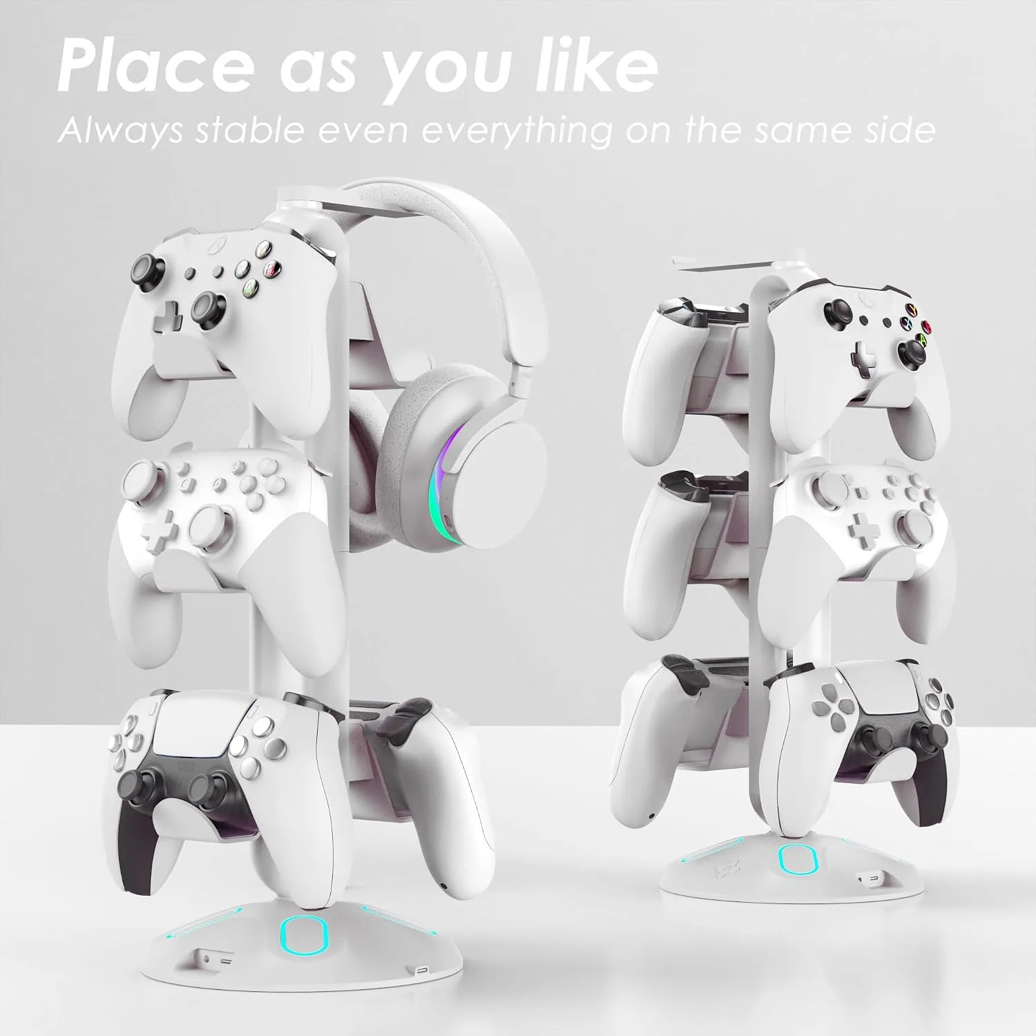RGB Headphone Stand and Controller Holder With 9 Light Modes - 2 USB Charging Ports, 3.5mm & Type-C - Hanger Accessories for Desk and Gamer (White)
