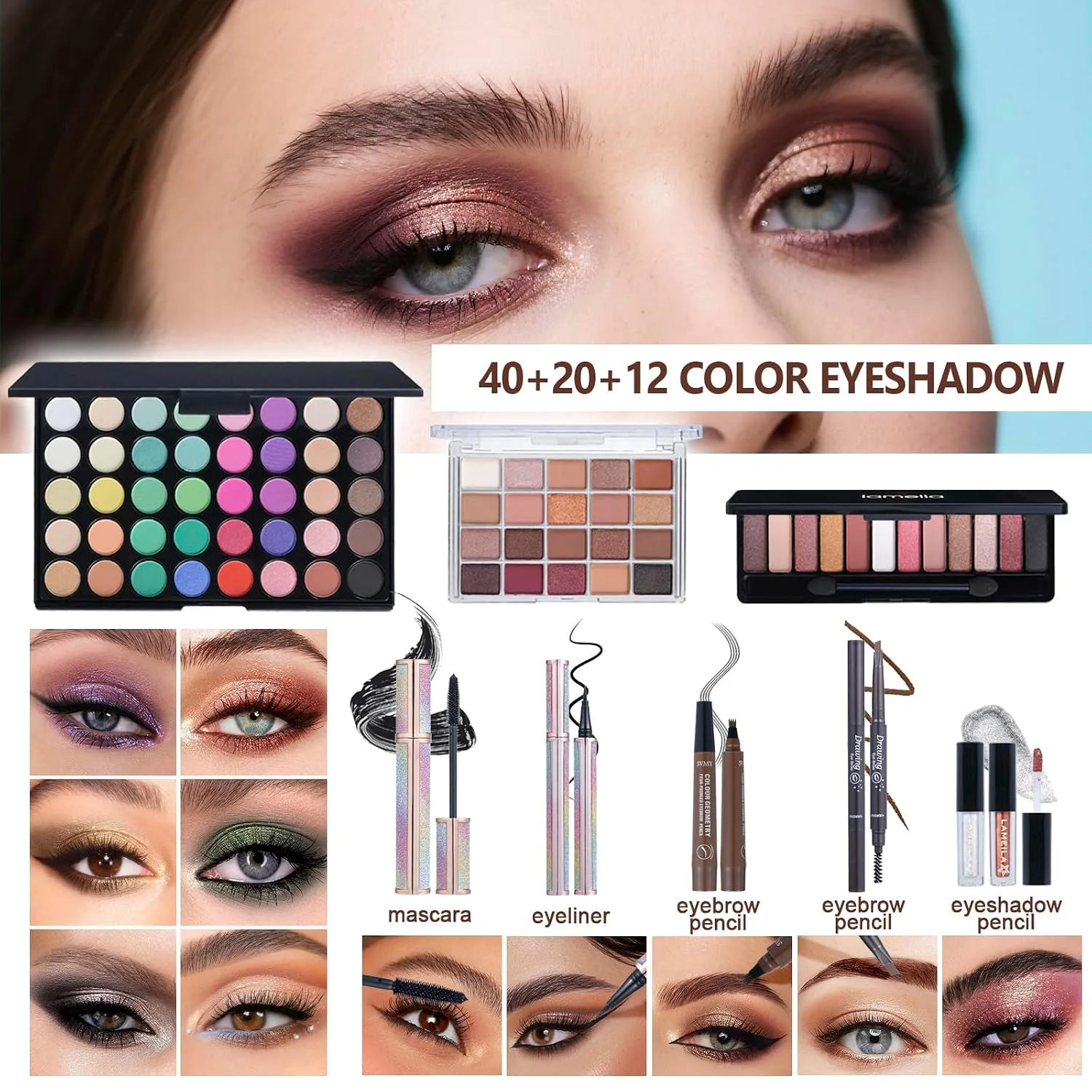 All in One Makeup Kit Makeup Kit for Women Full Kit Multipurpose Makeup ，eyeshadow、 liquid foundation,Loose powder,Eyebrow pencil,4-color lip gloss set