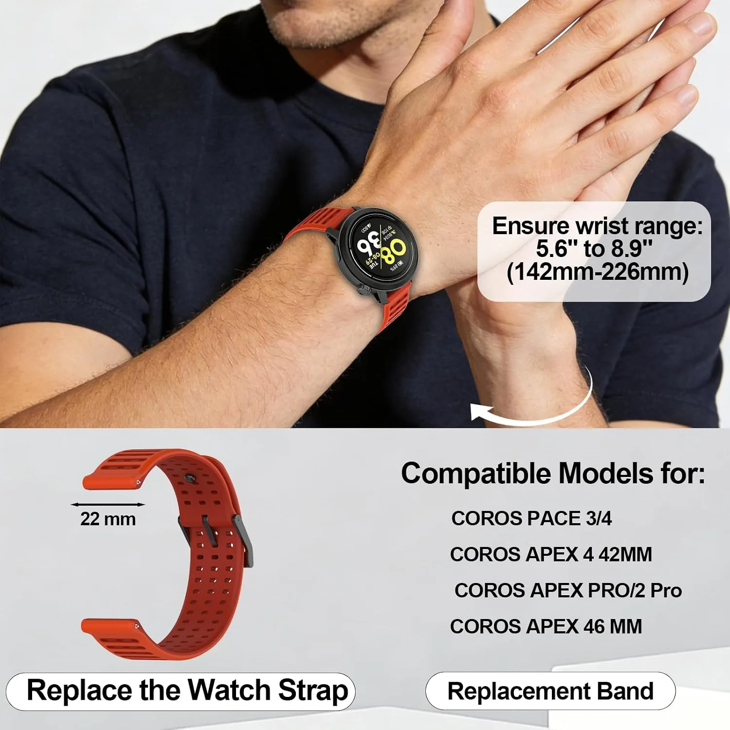 Silicone Replacement Bands Compatible with COROS PACE 3/4/Pro, COROS APEX PRO/2 Pro/APEX 46 MM/4 42MM, Soft & Breathable Smartwatch Straps for Women and Men