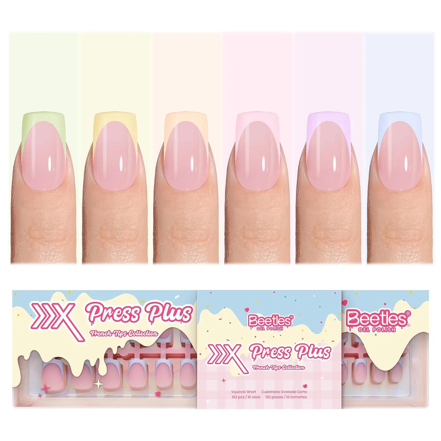 Beetles French Tips Press On Nails Short Square Pastel 6 Colors 192Pcs
