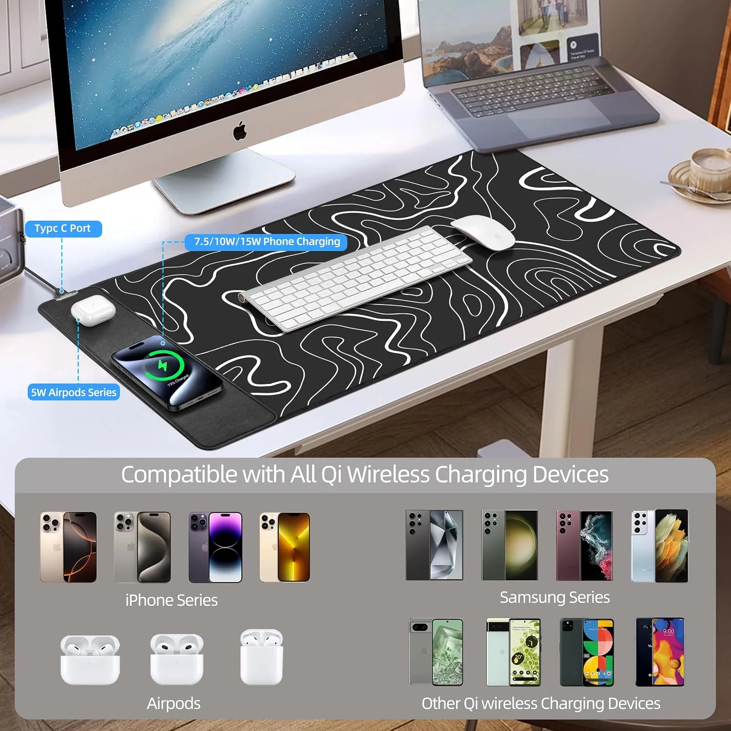 Magnetic Wireless Charging Mouse Pad, 31.5"x15.8" XXL Desk Mat