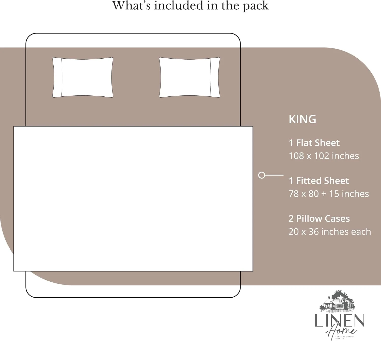 Linen Home 100% Cotton Percale King Sheets, 4Pc Cooling Set - Earthy Brown