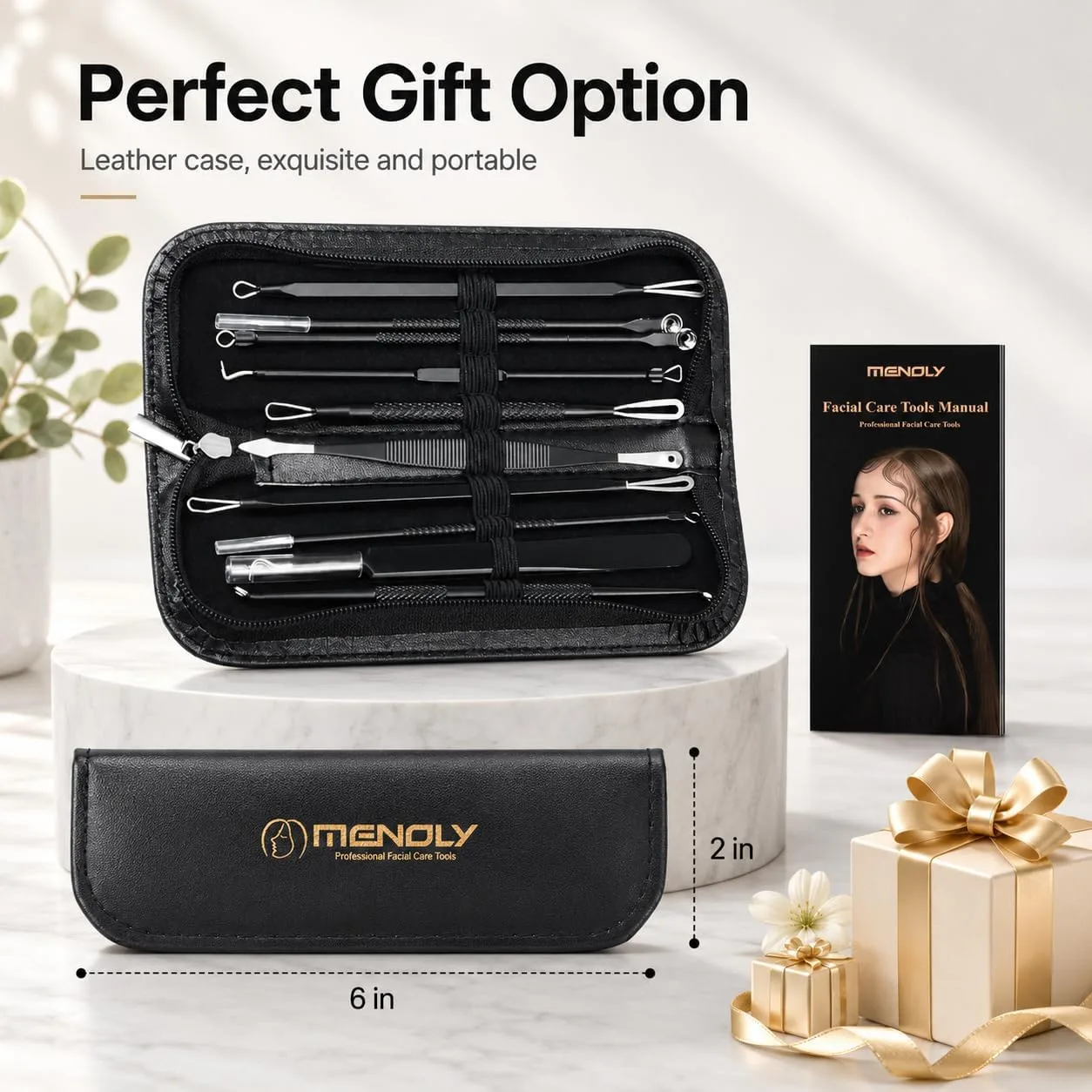 MENOLY Pimple Popper Tool Kit 10 Pcs Blackhead Remover Tool Zit Popper for Blemish, Pimple Comedone Extractor Acne Tool for Blackheads, Acnes, Whiteheads Nose Face Tools with Leather Bag