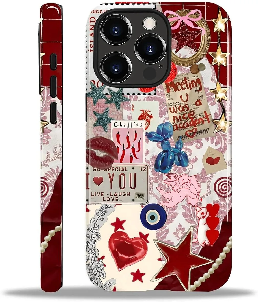 DAIZAG Case for iPhone 15 Pro,Mixed 2 Layer Design Shockproof Soft TPU Ddouble Protection Phone Case for iPhone 15 Pro-Conch Red Pearl Collage