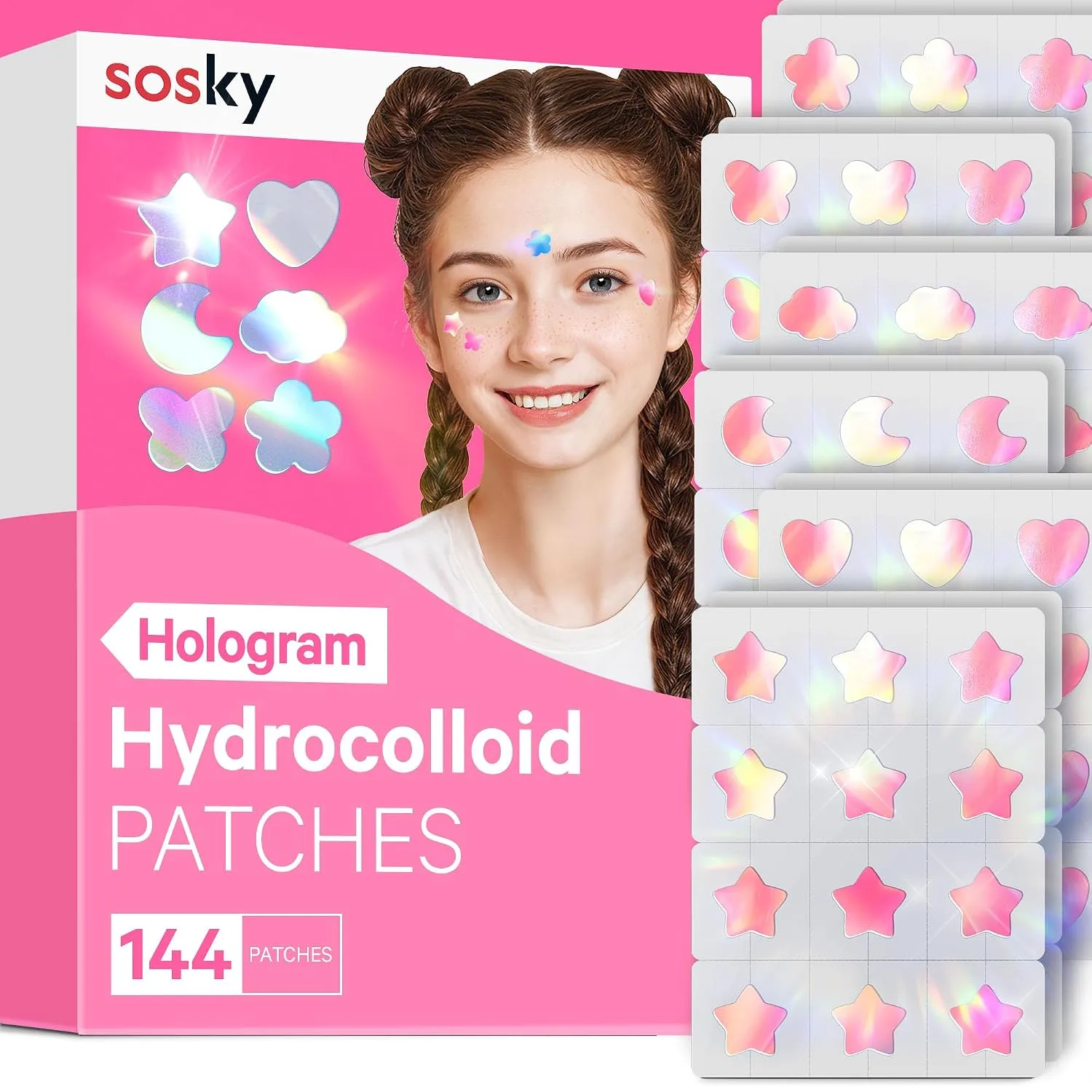 Sosky Holographic Star Pimple Patches, Hydrocolloid Acne Patches, 144 Count Pink Star Heart Moon Cloud Butterfly Flower