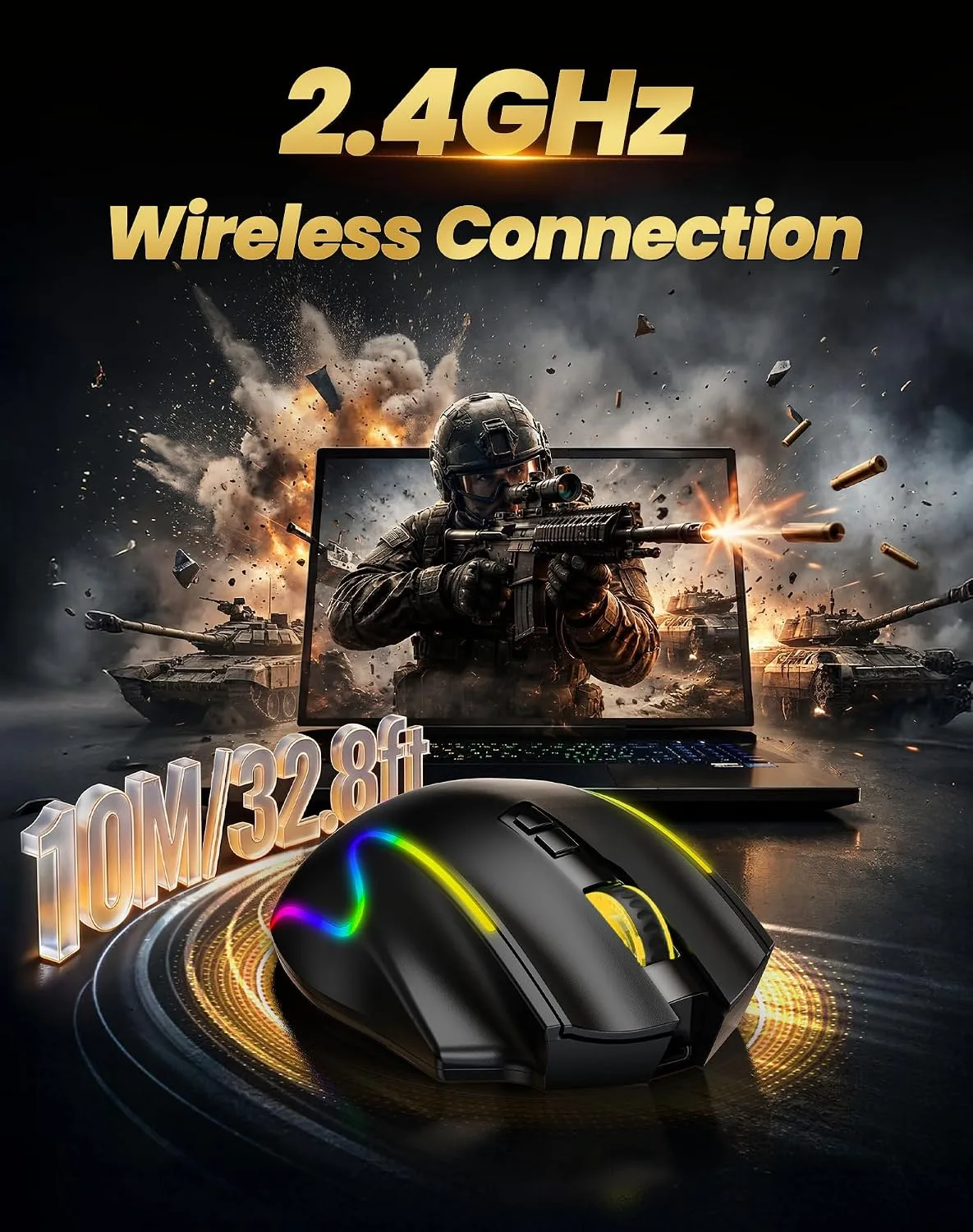 TECKNET Wireless Gaming Mouse,2.4GHz/USB-C, 1000Hz,7 Custom Buttons 13 RGB