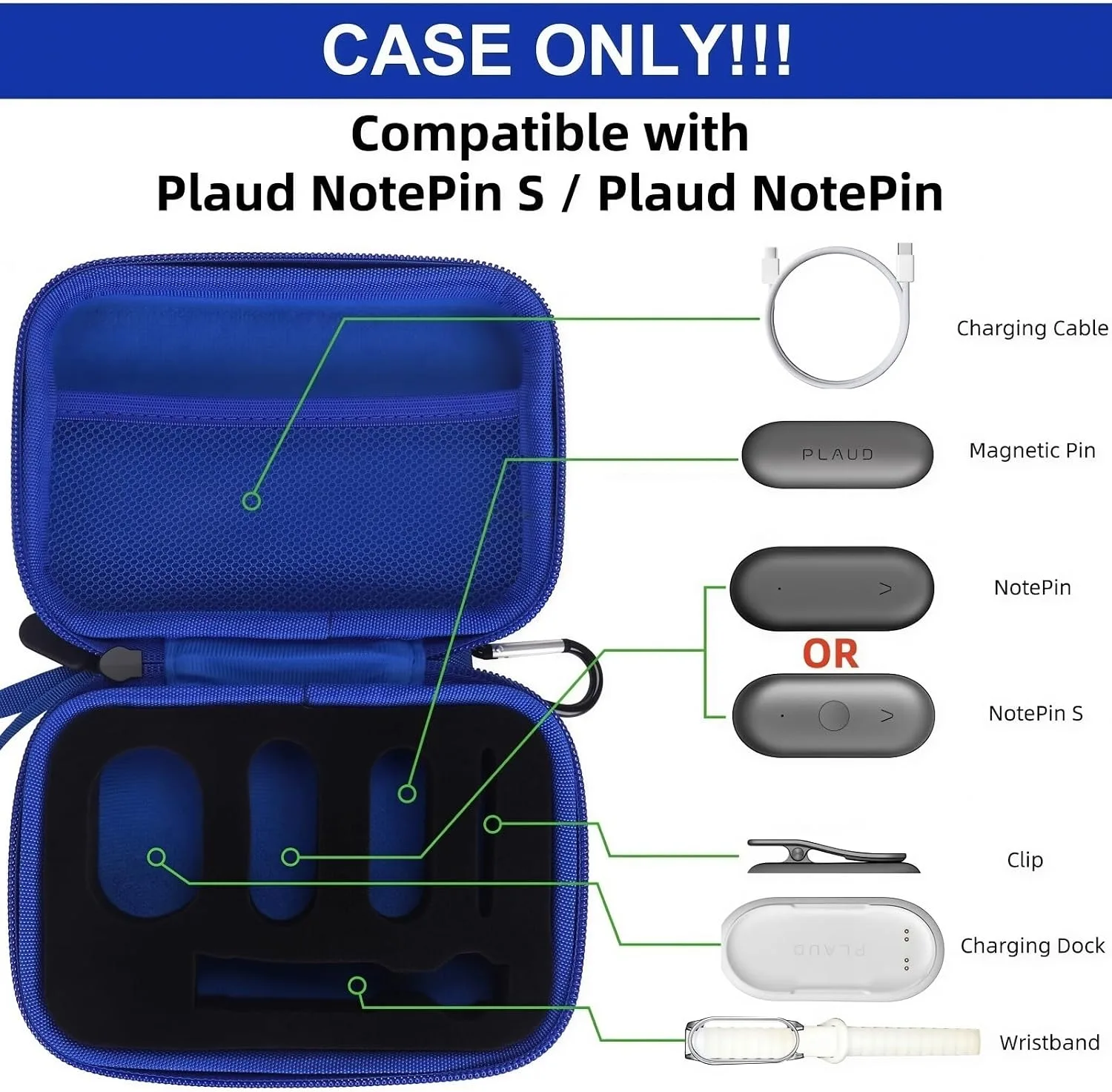 YouKnow Hard Case Compatible with PLAUD NotePin/NotePin S AI Voice Recorder - with Custom Foam Insert Holds Recorder, Magnetic Pin, Clip, Dock, Wristband & Cable (Case Only) (Blue)