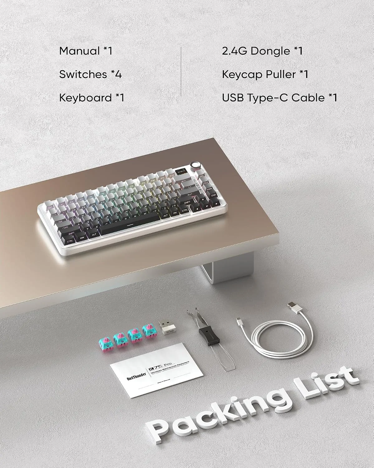 RedThunder K75 Pro Wireless Mechanical Gaming Keyboard, TFT Screen & Knob, 75% Tri-Mode, Pre-Lubed Switches, RGB Backlit, Side Printed PBT Keycaps, Creamy Sound Gasket Computer Keyboard, Snow & Ash